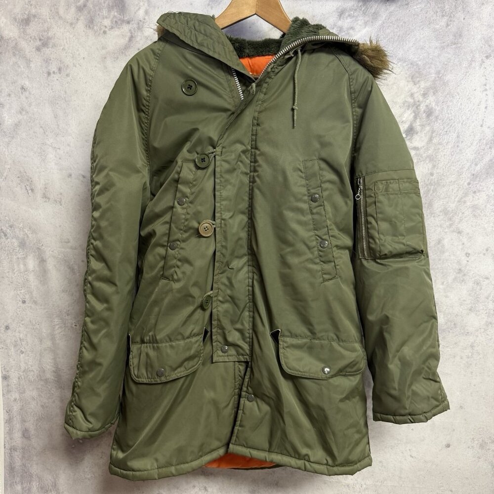 Vintage Military Flyers Arctic Parka Jacket Mens Medium Green Faux Fur Envoy